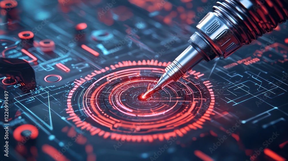 Aufkleber a futuristic digital interface with a stylus hovering over a glowing circular design, featuring red 