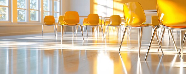 leadership development concept. Bright Interior with Yellow Chairs in Sunlight