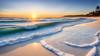 Fototapeta premium Serene sunrise over a tropical beach with turquoise waves gently lapping the pristine white sand.