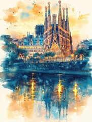Fototapeta premium Watercolor artwork of Barcelona with Sagrada Familia
