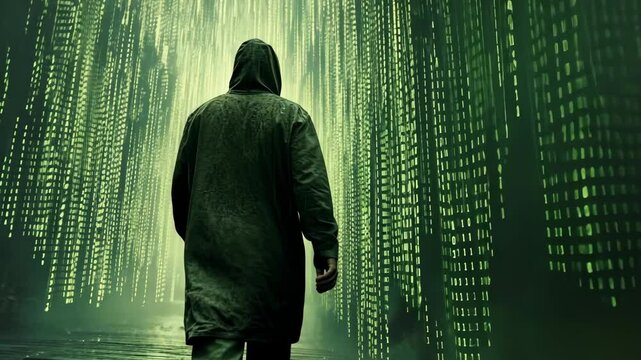 Mysterious figure walking through a digital landscape at night with a green glow and binary code
