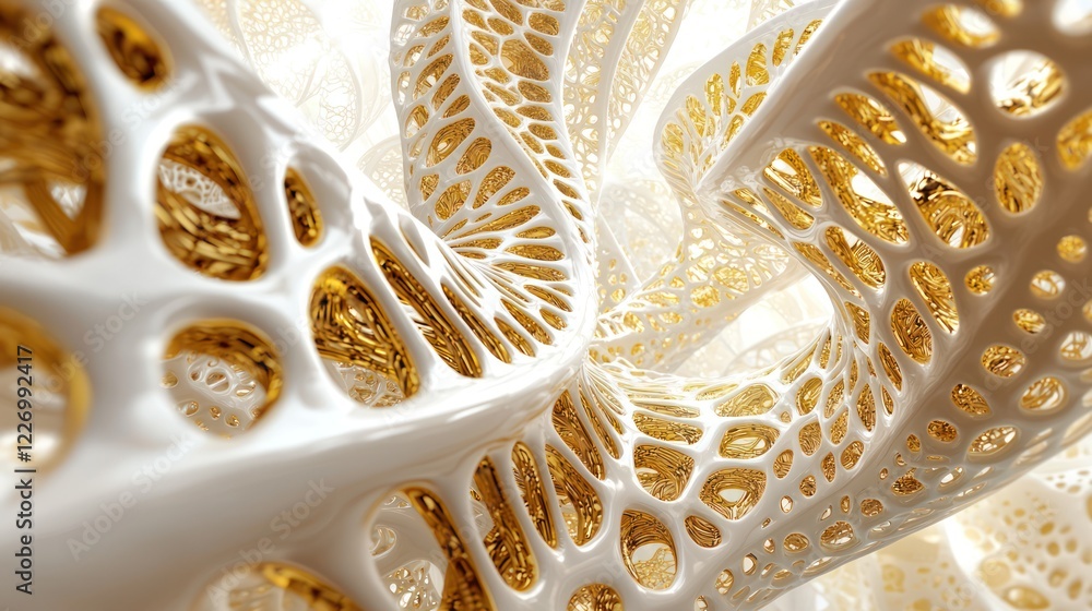 Poster a close-up view of intricate white and gold organic patterns, showcasing a delicate, three-dimension