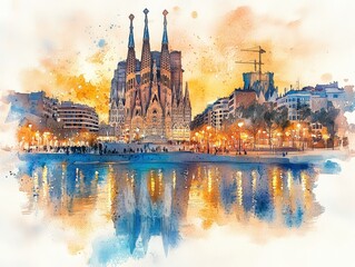 Watercolor artwork of Barcelona with Sagrada Familia