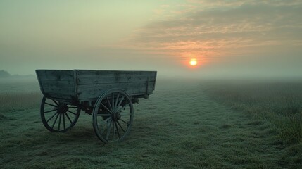 Fototapeta premium Sunrise over foggy field, old wagon awaits