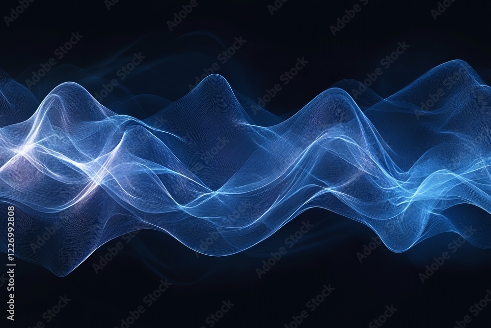 Poster digital abstract design showcasing wave patterns with blue tones against a dark background