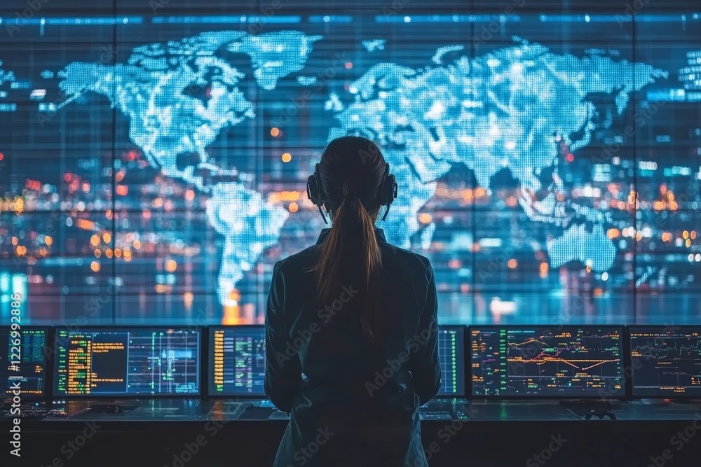 Aufkleber professional analyzing global data in a high-tech control room at night