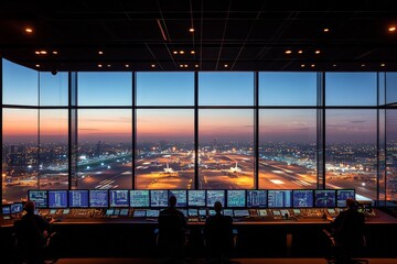 Control tower at night with air traffic controllers overseeing a bustling airport during sunset