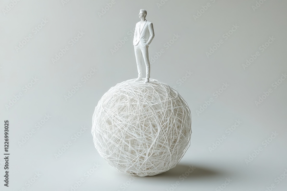 Poster miniature figure stands confidently atop a sphere made of white thread in a minimalist setting