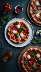 A freshly baked pepperoni pizza with melted cheese, black olives, mushrooms, and fresh basil leaves, presented on a dark background.