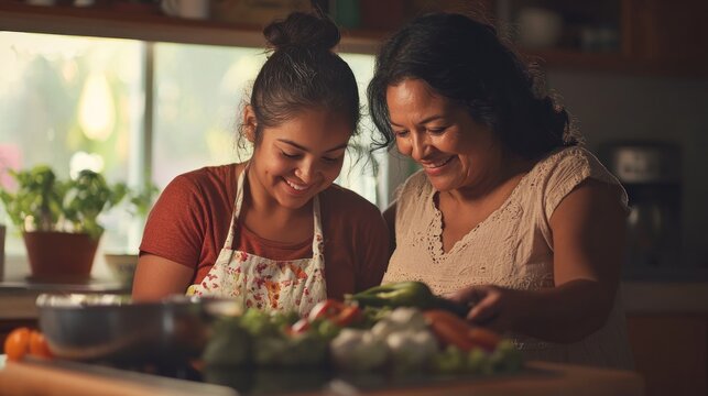 A Latina mother and daughter share a warm, tender moment while cooking together, smiling lovingly.