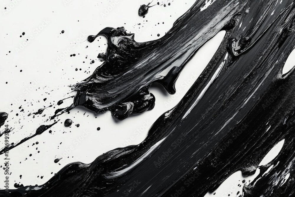 Poster black paint splatter on white canvas creates striking contrast and dynamic texture in contemporary a