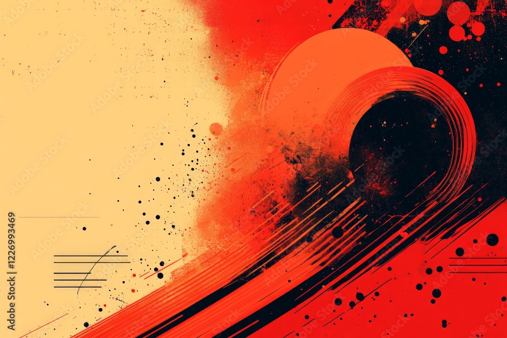 Poster Dynamic abstract design featuring bold orange wave and red splashes against a yellow background