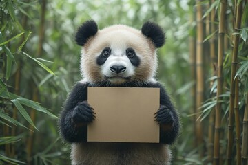 Fototapeta premium Panda holding a blank sign in a lush bamboo forest setting