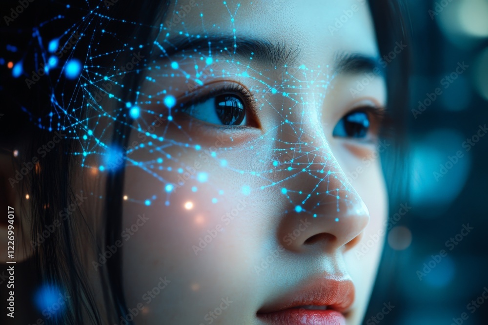 Aufkleber young woman with intelligent gaze reflecting data visualization concept in a futuristic setting
