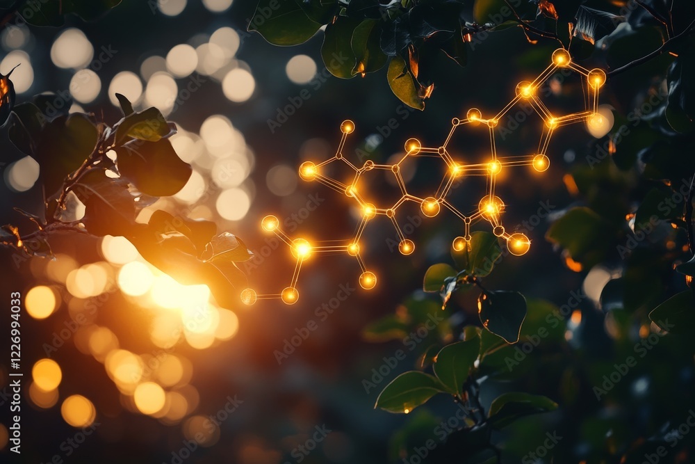 Poster nature combines with technology to create a glowing network of connections at sunset in a serene for