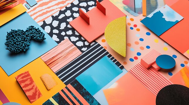 A vibrant mood board featuring clean swatches of colors and patterns. picture