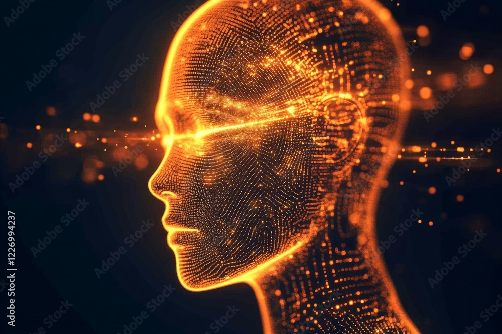 Poster Digital representation of a human face illuminated with glowing patterns set against a dark background