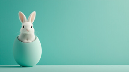 Obraz premium Easter party concept. Composition of easter bunny and eggs on pastel background with copyspace template for greetein card