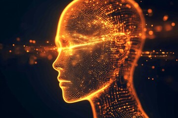 Digital representation of a human face illuminated with glowing patterns set against a dark background