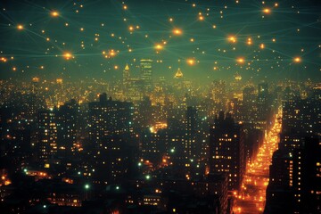 Obraz premium Night view of a bustling city skyline illuminated by streetlights and stars in the sky