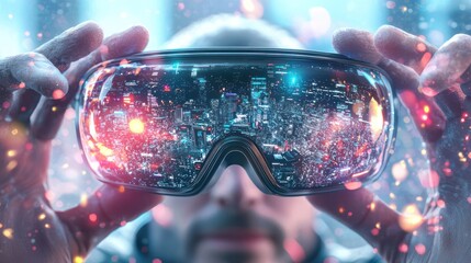 A person holds futuristic VR goggles, reflecting a vibrant digital cityscape, suggesting advanced technology and immersive experiences.