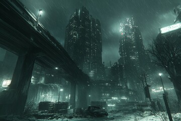 Obraz premium Dark urban landscape with towering skyscrapers and rain in a futuristic city