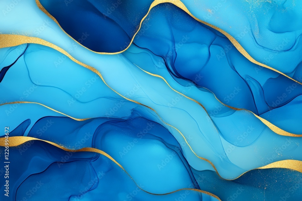 Aufkleber Fluid blue abstract design with golden accents and flowing patterns creating a serene visual experience