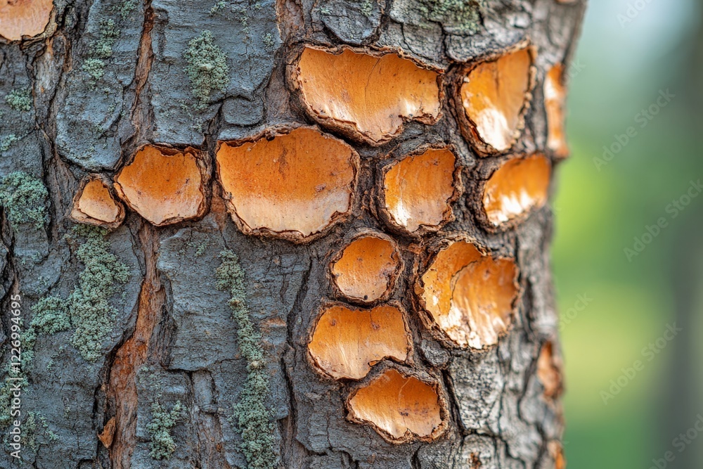 Poster Close-up view of a tree trunk with vibrant orange patches revealing fresh bark in a lush green setting during daylight