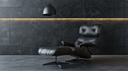 Modern black leather chair and ottoman in dark room