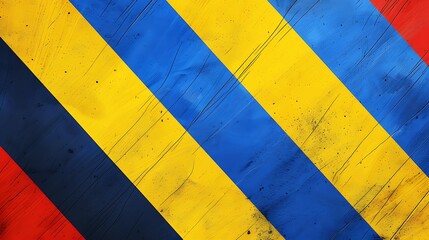 Bold diagonal stripes in blue, yellow, and red forming a striking contrast.