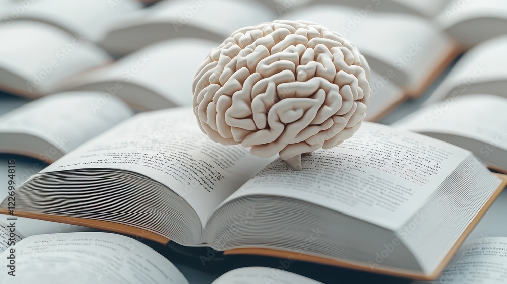 Poster a brain model rests atop an open book, symbolizing the connection between knowledge and intelligence