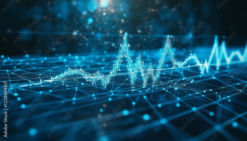 Poster abstract technology background blue data flow across grid, visualization of digital information