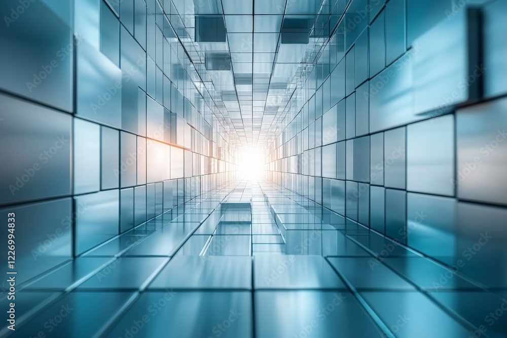 Poster Complex geometric tunnel with blue hues leading to a bright light source in a futuristic environment