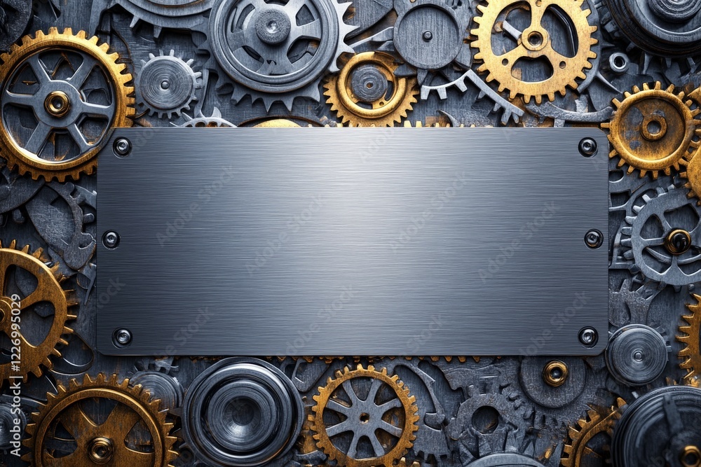 Poster vintage gears create a mechanical backdrop for a metallic sign suitable for various uses