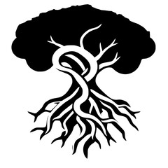 Intricate Black and White Tree Roots Illustration: Nature, Growth, and Strength Symbol