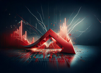 A large red arrow points sharply downward, crashing through a fractured digital landscape of graphs and data, symbolizing economic decline or market crash.