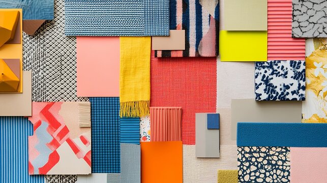 A vibrant mood board featuring clean swatches of colors and patterns. picture