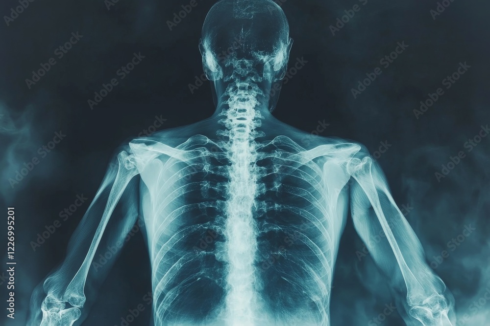 Poster Human skeletal structure displayed in an x-ray with a focus on spine and ribcage against a dark background