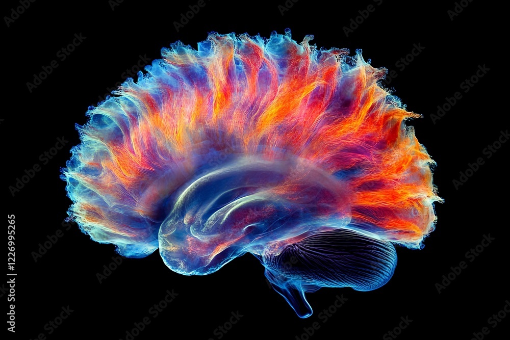 Poster Colorful brain illustration showing neural activity with vibrant energy patterns and a black background