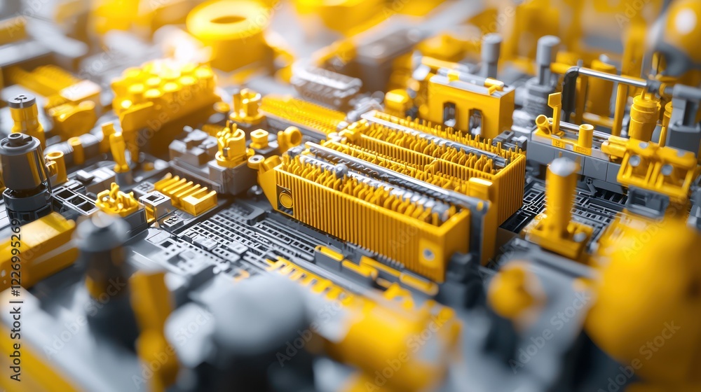 Poster a close-up view of a complex circuit board featuring intricate yellow components and connections, sh