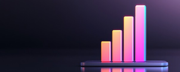 Obraz premium Neon business growth chart. Colorful bar graph rising on a smartphone screen, indicating growth and progress.