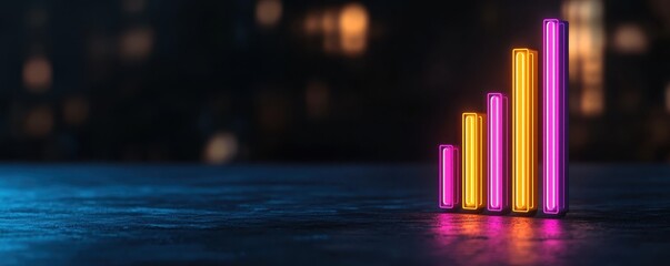 Obraz premium Neon business growth chart. Colorful neon bars representing financial growth set against a dark background.