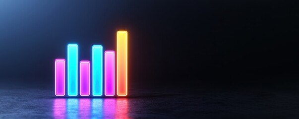 Obraz premium Neon business growth chart. Vibrant bar graph representing data visualization in a dark background.