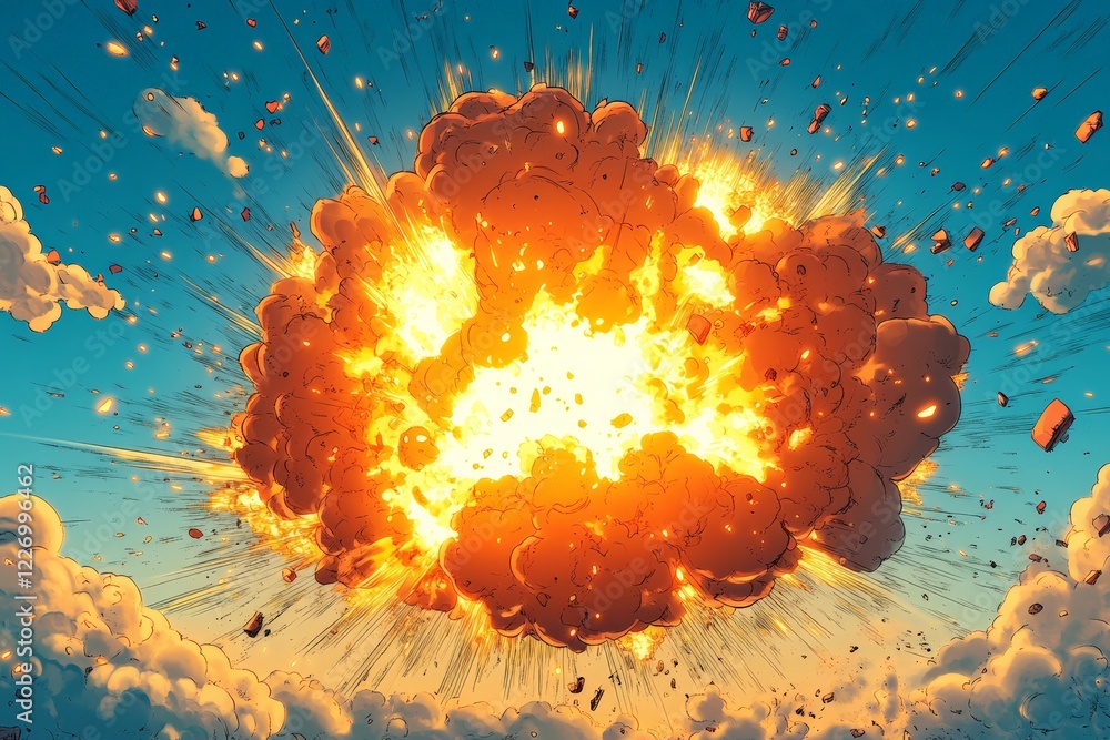 Poster explosive cloud forms in bright sky during a dramatic detonation event over a vast landscape