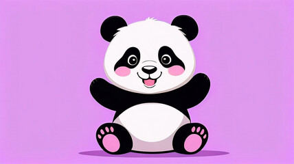Happy panda on purple background, cute bear, funny animal