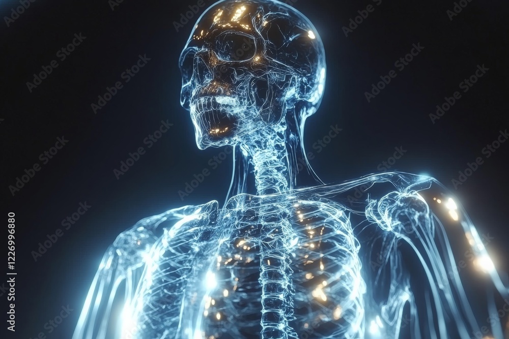 Poster Translucent skeleton model showcases human anatomy with intricate details in a dark setting