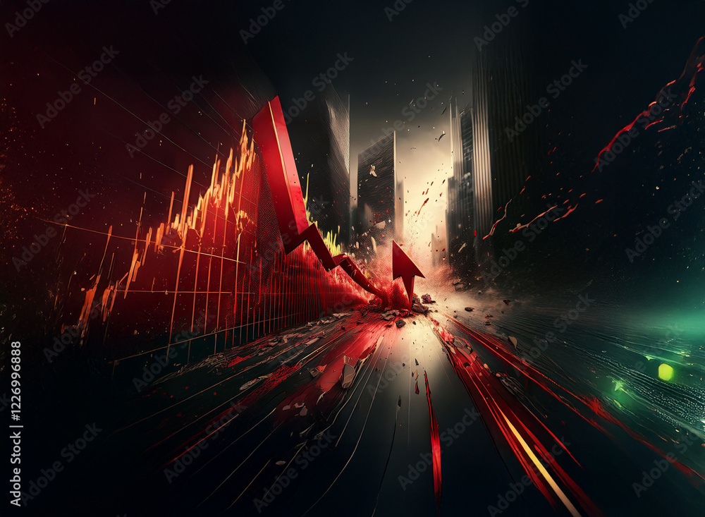 Poster a dynamic digital art depicting a red upward trending arrow soaring through a futuristic cityscape, 