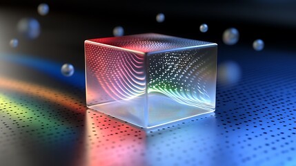 Glass cube data flow, digital spheres, dark tech background, future tech concept