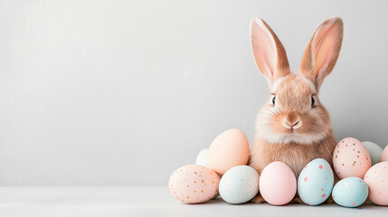 Easter party concept. Composition of easter bunny and eggs on pastel background with copyspace template for greetein card