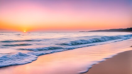 Fototapeta premium Serene sunset over a tranquil ocean beach with gentle waves washing ashore on soft sand.